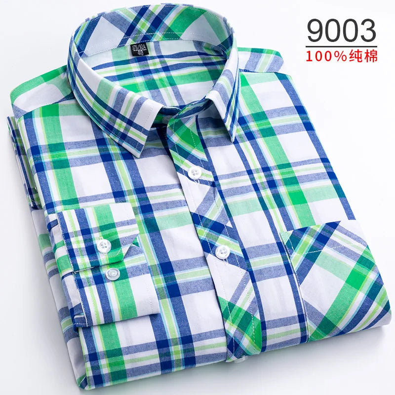 Plus Size S-8XL Men's Plaid Shirt Long Sleeve 100% Cotton Casual Slim Buttons Business Social Dress Shirts Blouse Men Clothing