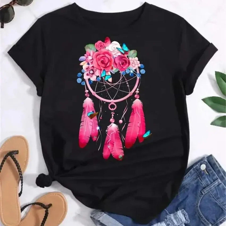 Feather Dreamcatcher Women's Fashion T-Shirt Harajuku Graphic Tees Shirt Femme Dream Catcher Women's T-shirt Clothes Tops