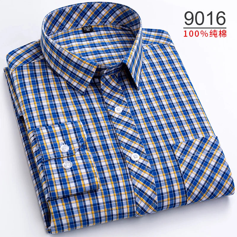 Plus Size S-8XL Men's Plaid Shirt Long Sleeve 100% Cotton Casual Slim Buttons Business Social Dress Shirts Blouse Men Clothing