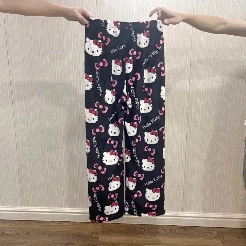 Sanrio Hello Kitty Y2k Kawaii Anime Flannel Pajamas Women'S Warm Woolen Cartoon Casual Home Pants Autumn Winter Fashion Trousers