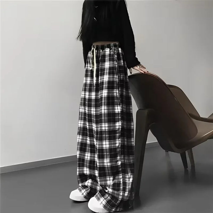 2025 Thin Women Korean Version of High-waisted Wide-leg Pants Casual Straight Hit Color Plaid Elastic Waist Dragging Pants