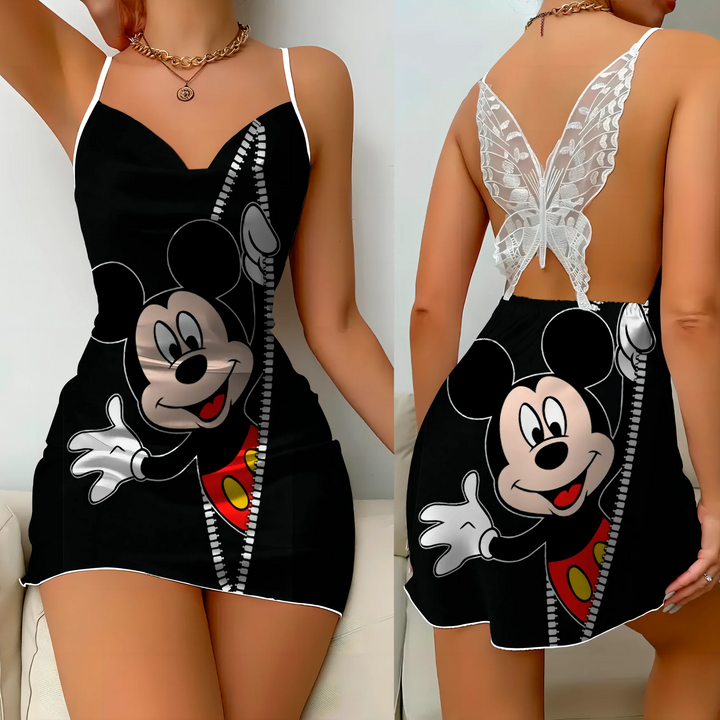 Mini Dress Pajama Skirt Bow Knot Party Dresses Satin Surface Minnie Mouse Disney Mickey Womens Fashion Summer 2024 Elegant Women