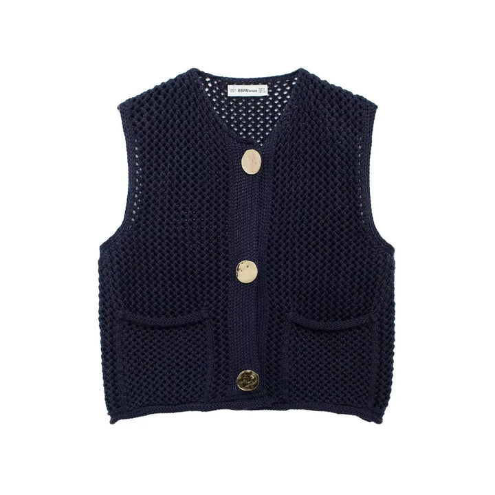 TRAF Women Fashion Sleeveless Coarse Needle Knitting Vest Sweater Female Chic Big Pockets Patch Buttons Cardigan Waistcoat Tops