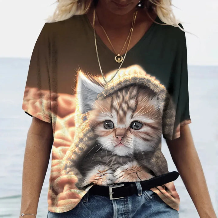 Fashion Women's T-shirt Cat Printed Short Sleeve Female Harajuku Tees Ladies T Shirt Oversized V-neck Tops Animal Women Clothing