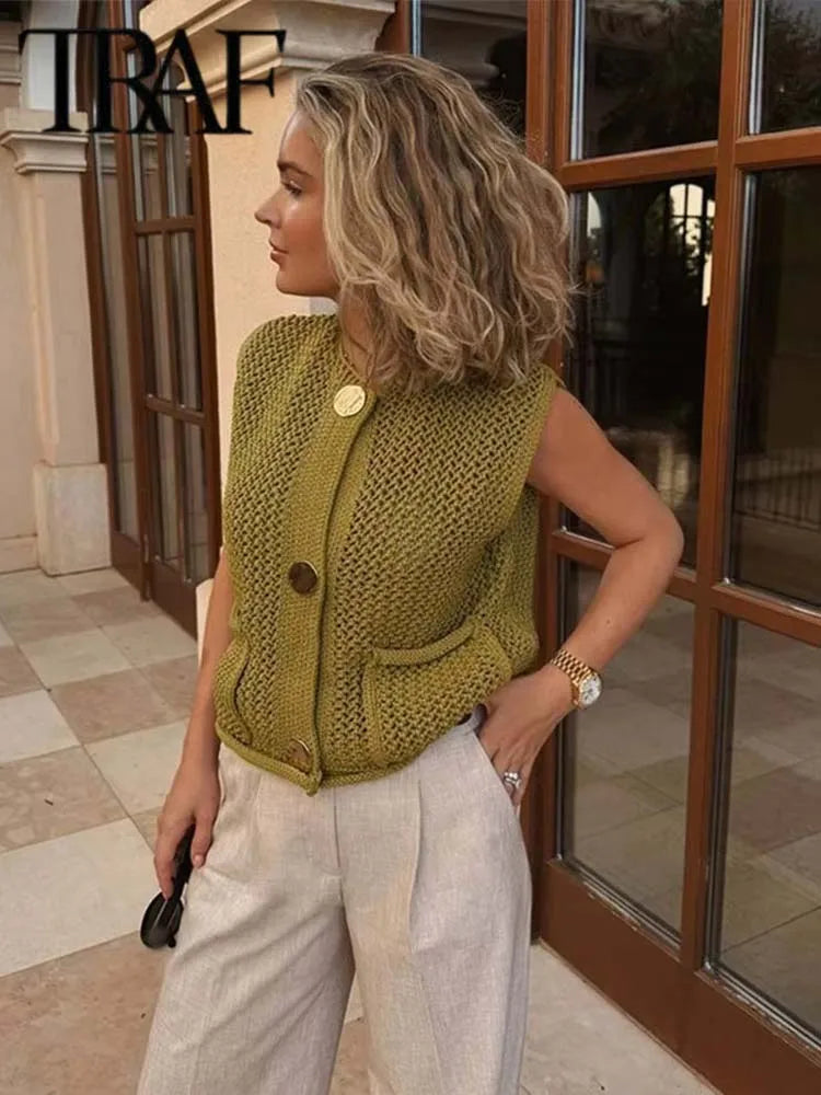 TRAF Women Fashion Sleeveless Coarse Needle Knitting Vest Sweater Female Chic Big Pockets Patch Buttons Cardigan Waistcoat Tops