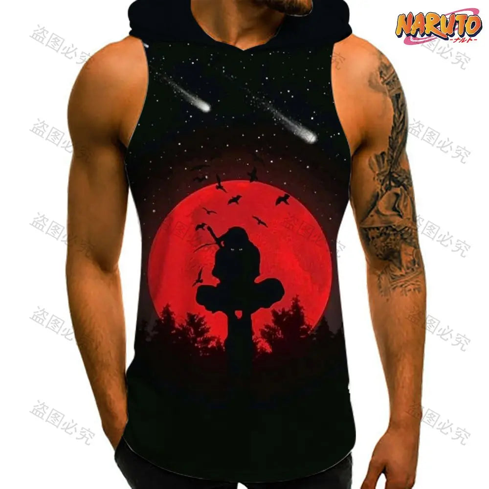 Anime Man Sleeveless Shirt Hooded Vest Trend Men's Clothes Naruto High Quality Gym Clothing 2024 Bodybuilding Fashion T-shirts