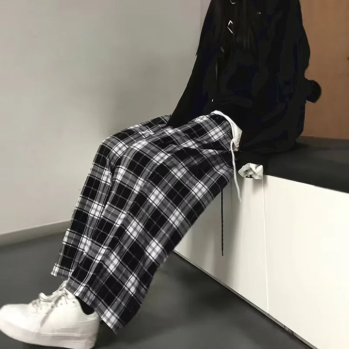 2025 Thin Women Korean Version of High-waisted Wide-leg Pants Casual Straight Hit Color Plaid Elastic Waist Dragging Pants