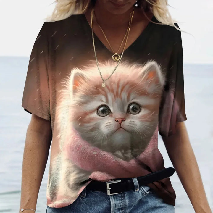 Fashion Women's T-shirt Cat Printed Short Sleeve Female Harajuku Tees Ladies T Shirt Oversized V-neck Tops Animal Women Clothing