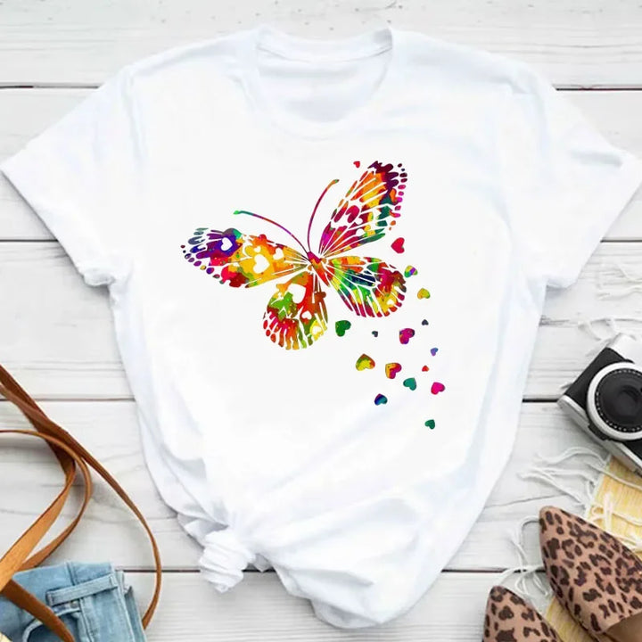 Women's Colorful Butterfly Petal Print T-Shirt, Short Sleeve, Round Neck, Cute Graphic Tee Shirts, Female Tops Clothes