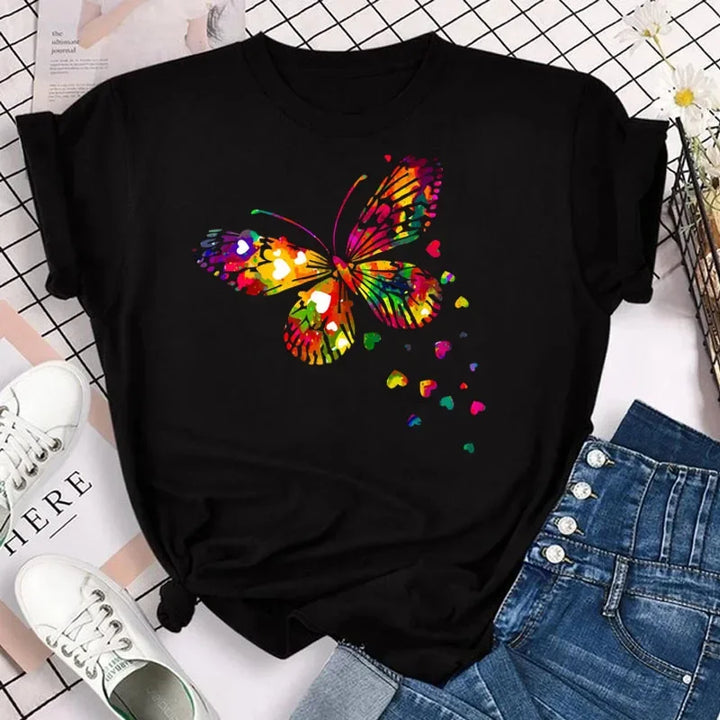 Women's Colorful Butterfly Petal Print T-Shirt, Short Sleeve, Round Neck, Cute Graphic Tee Shirts, Female Tops Clothes