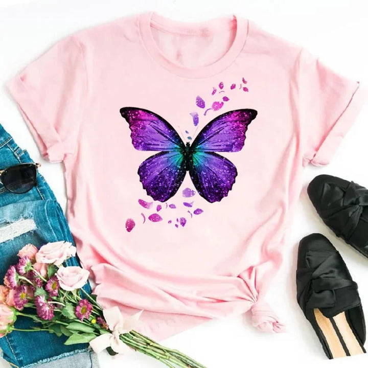 Women's Colorful Butterfly Petal Print T-Shirt, Short Sleeve, Round Neck, Cute Graphic Tee Shirts, Female Tops Clothes