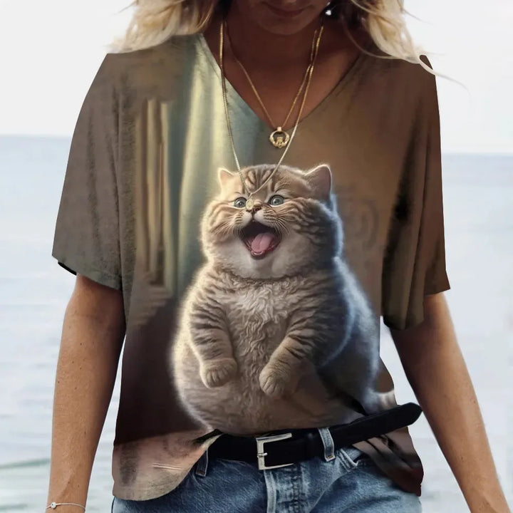 Fashion Women's T-shirt Cat Printed Short Sleeve Female Harajuku Tees Ladies T Shirt Oversized V-neck Tops Animal Women Clothing