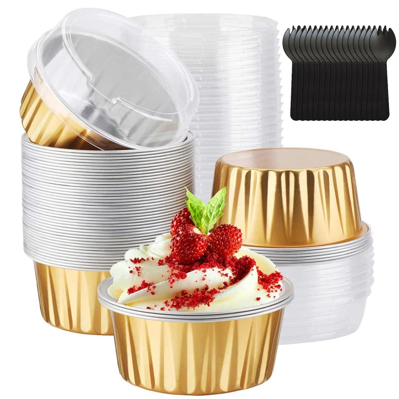 50Pcs Disposable Mini Baking Cups Aluminium Foil Cake Pans With Lids Spoons Heat Resistant Muffin Cake Cup For Gatherings Party