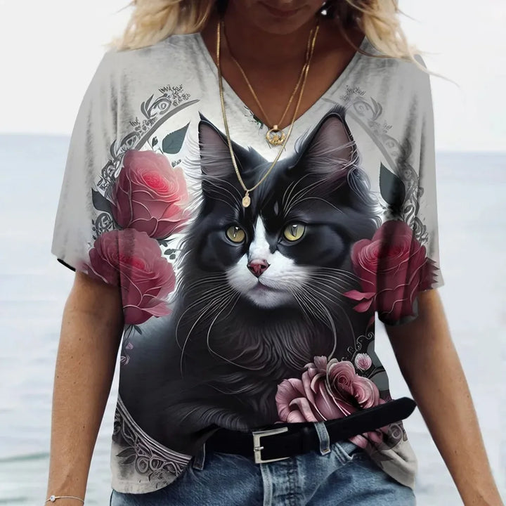 Fashion Women's T-shirt Cat Printed Short Sleeve Female Harajuku Tees Ladies T Shirt Oversized V-neck Tops Animal Women Clothing