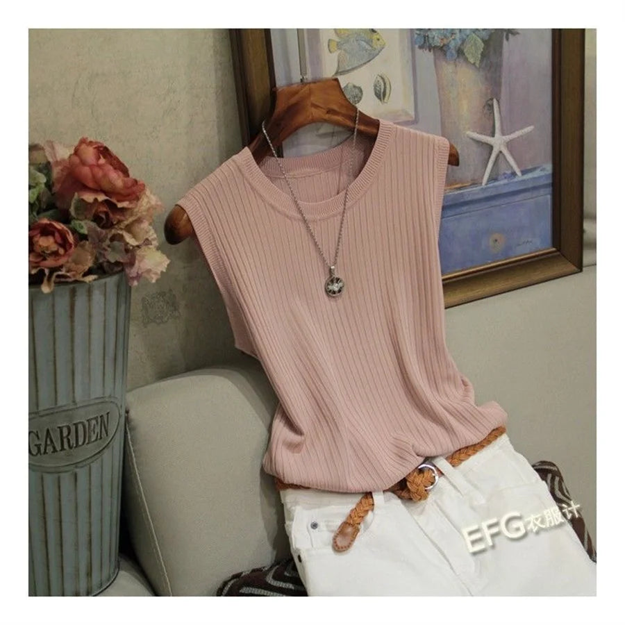 Summer Sleeveless Blouse Women O-neck Knitted Blouse Shirt Women Clothes Women Tops DF4903