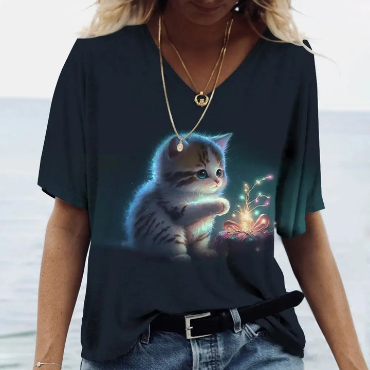 Fashion Women's T-shirt Cat Printed Short Sleeve Female Harajuku Tees Ladies T Shirt Oversized V-neck Tops Animal Women Clothing