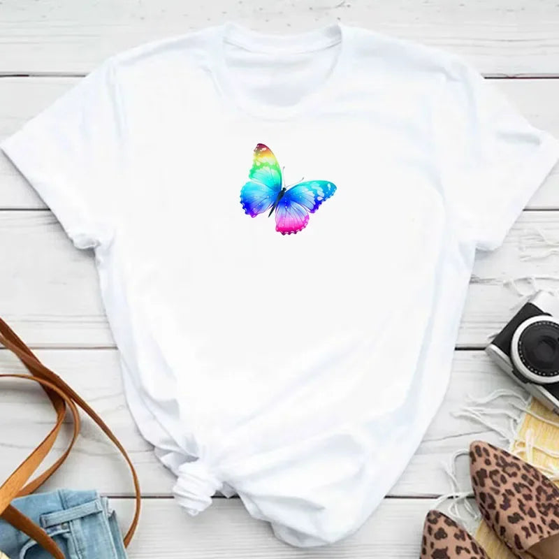 Women's Colorful Butterfly Petal Print T-Shirt, Short Sleeve, Round Neck, Cute Graphic Tee Shirts, Female Tops Clothes