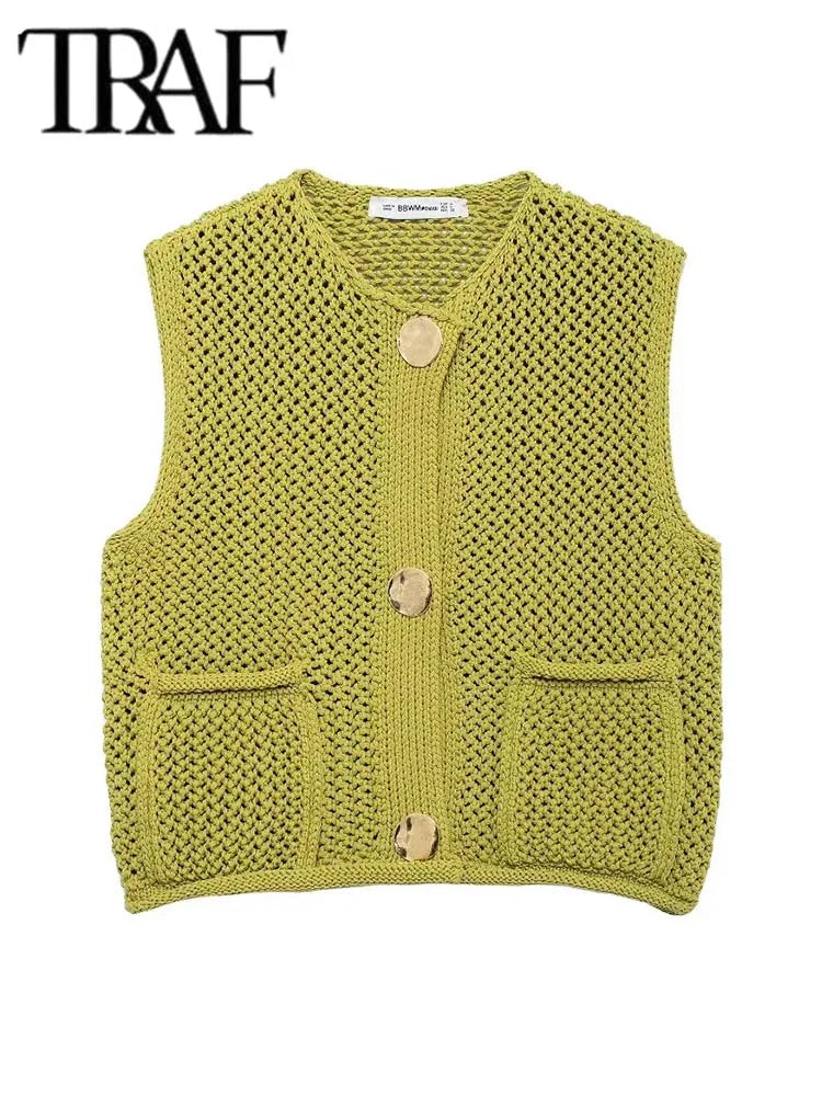 TRAF Women Fashion Sleeveless Coarse Needle Knitting Vest Sweater Female Chic Big Pockets Patch Buttons Cardigan Waistcoat Tops