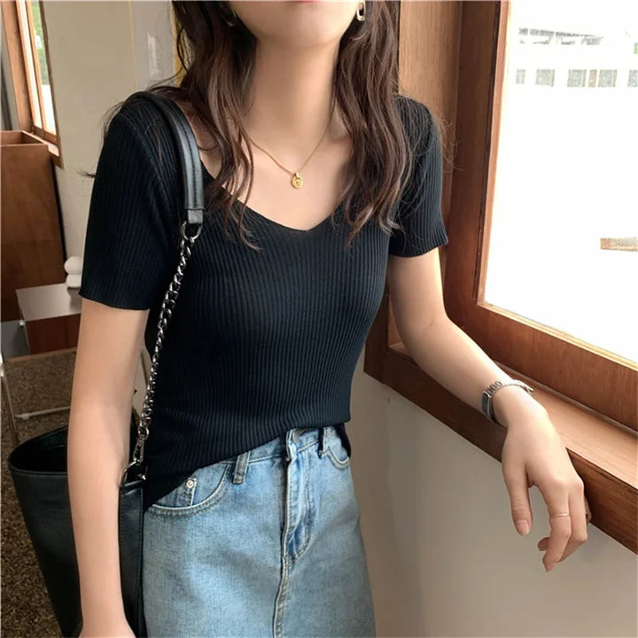 Basic V-neck Solid Thin Summer Pullover Women Female Knitted Ribbed Sweater Slim Short Sleeve Bodycon Sweater