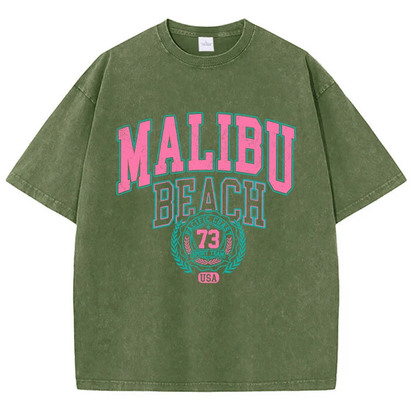 Malibu Beach Washed T-Shirt Women Letter Printing Cotton T Shirt Comfortable Crewneck Tops Casual Oversized Tees Female Clothes