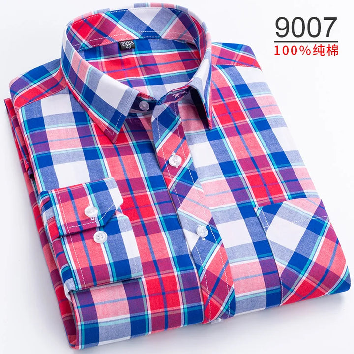 Plus Size S-8XL Men's Plaid Shirt Long Sleeve 100% Cotton Casual Slim Buttons Business Social Dress Shirts Blouse Men Clothing