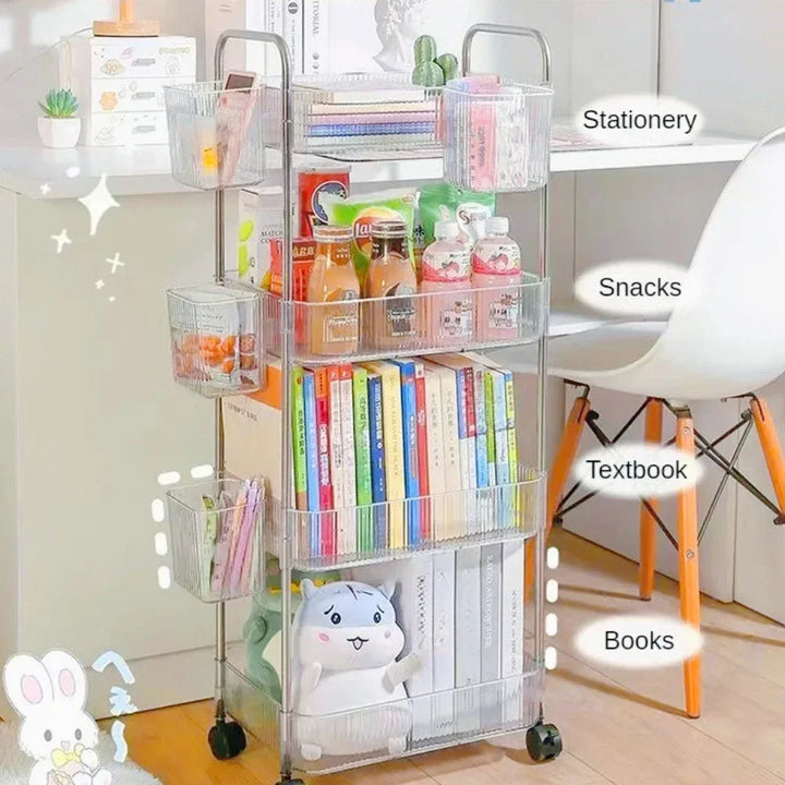 Transparent Storage Rack Trolley Transparent Acrylic Rolling Cart with Hanging Basket Bathroom Acrylic Makeup Bookshelf