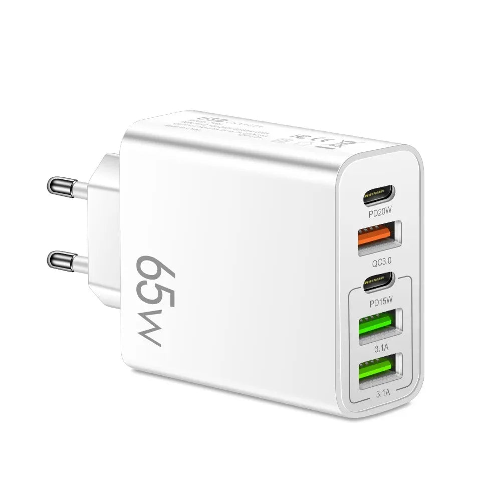 PD 20W USB Fast Charger 5Ports Total 65W USB C Charger Quick Charge 3.0Phone Adapter For iPhone15Pro Samsung Xiaomi Wall Charger