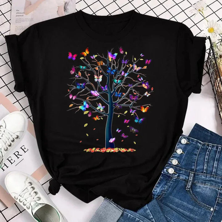 Women's Colorful Butterfly Petal Print T-Shirt, Short Sleeve, Round Neck, Cute Graphic Tee Shirts, Female Tops Clothes