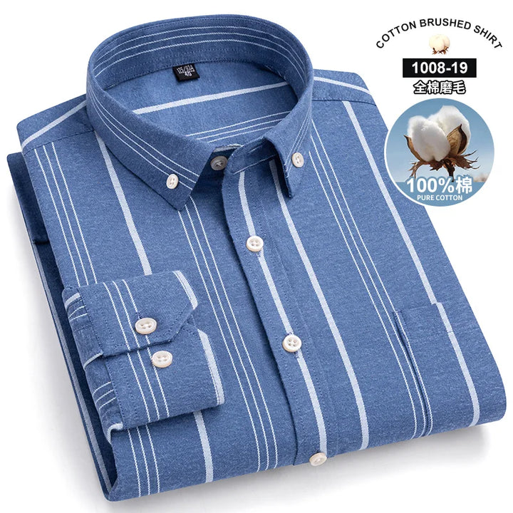 S~7Xl Large Size Men's Classic Brushed Plaid Long-Sleeved Shirt High-Quality Pure Cotton Casual All-Match Shirt Men's Clothing