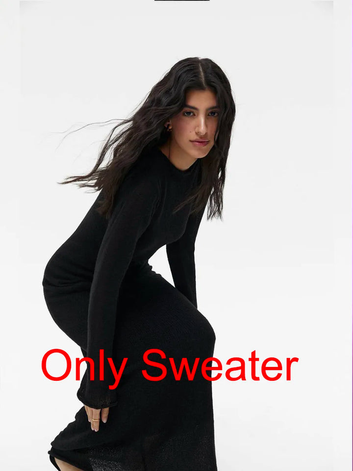 Hirsionsan Spring Autumn O-Neck Elastic Knit Long Dresses Women 2024 Elegant Chic Soft Lady Hollowing Sweater Dresses Femme New