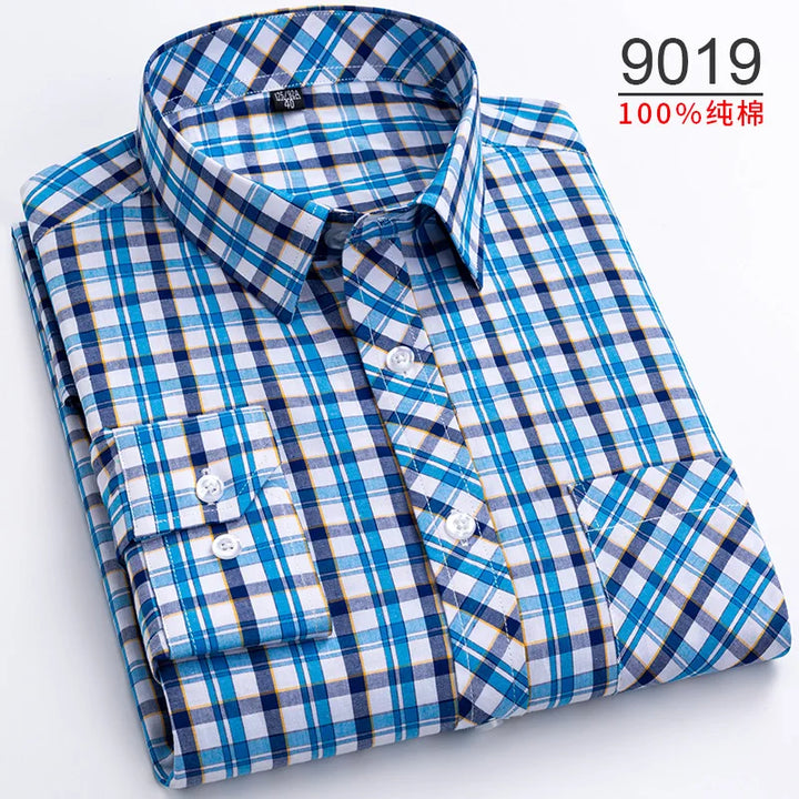 Plus Size S-8XL Men's Plaid Shirt Long Sleeve 100% Cotton Casual Slim Buttons Business Social Dress Shirts Blouse Men Clothing