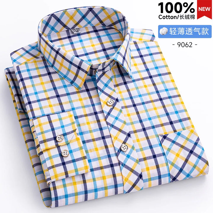 Plus Size S-8XL Men's Plaid Shirt Long Sleeve 100% Cotton Casual Slim Buttons Business Social Dress Shirts Blouse Men Clothing