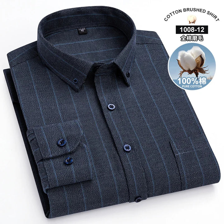 S~7Xl Large Size Men's Classic Brushed Plaid Long-Sleeved Shirt High-Quality Pure Cotton Casual All-Match Shirt Men's Clothing