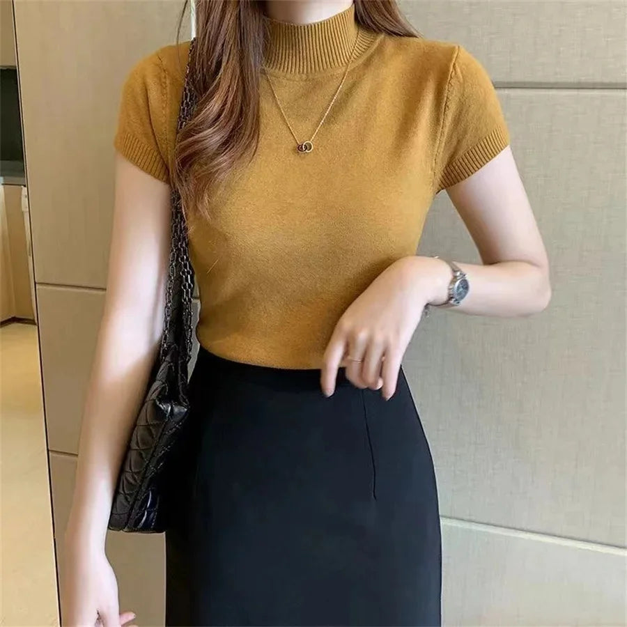 Women Spring Summer Knitted Pullover Sweater Lady Casual Turtleneck Solid Color Short Sleeve Blouse Pullover