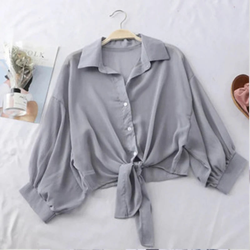 Casual Loose Hollow White Clothes Elegant Solid Color Tied Waist Blouse Women Summer Bat Half Sleeve Button Chiffon Shirt 9776