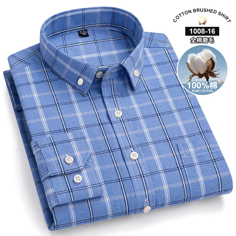 S~7Xl Large Size Men's Classic Brushed Plaid Long-Sleeved Shirt High-Quality Pure Cotton Casual All-Match Shirt Men's Clothing