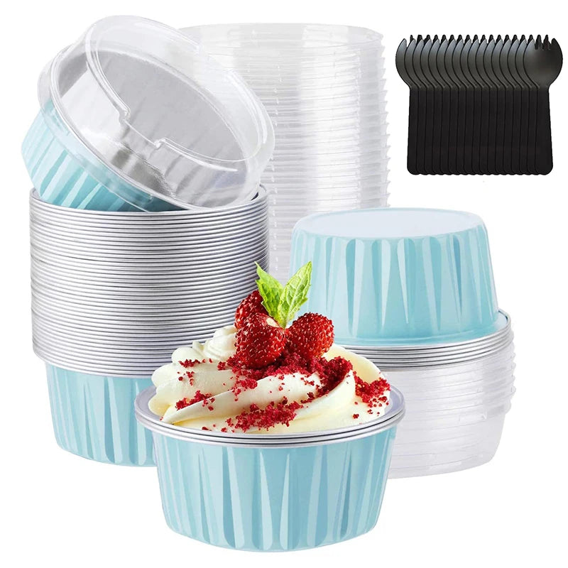 50Pcs Disposable Mini Baking Cups Aluminium Foil Cake Pans With Lids Spoons Heat Resistant Muffin Cake Cup For Gatherings Party