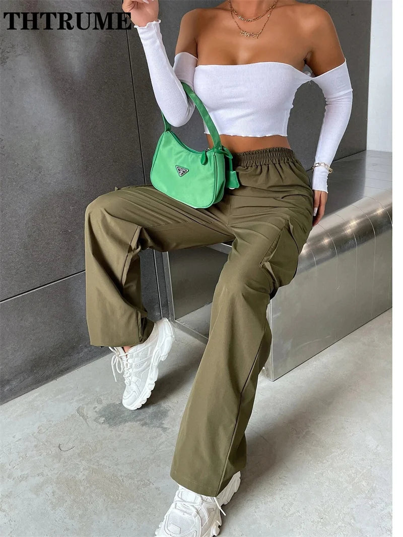 High Street Vintage Pants Fashion Solid High Elastic Waist Pocket Straight Cargo Pant Casual Office Lady Streetwear Y2K Trousers