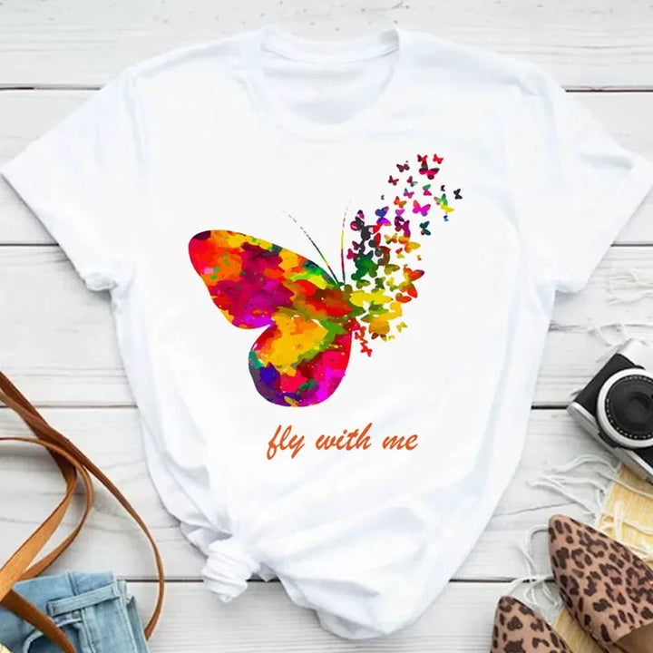 Women's Colorful Butterfly Petal Print T-Shirt, Short Sleeve, Round Neck, Cute Graphic Tee Shirts, Female Tops Clothes