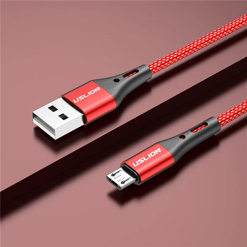 USLION 3A Micro USB Cable Fast Charge USB Data Cable Cord for Samsung S6 Xiaomi Redmi Android Micro usb Cable Mobile Phone Red