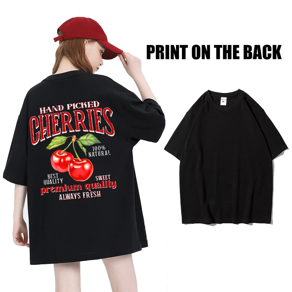 Fashion Cotton Women'S T-Shirts Hand Picked Cherries Printing Tops Oversize Crewneck Soft Short Sleeve Street Female Clothes