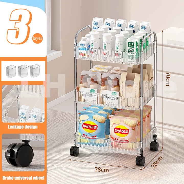 Transparent Storage Rack Trolley Transparent Acrylic Rolling Cart with Hanging Basket Bathroom Acrylic Makeup Bookshelf