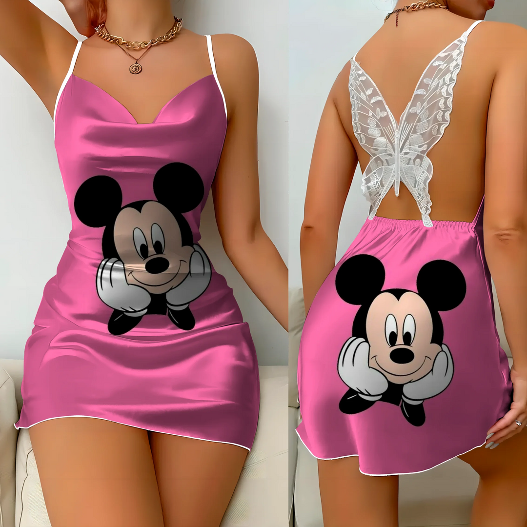 Mini Dress Pajama Skirt Bow Knot Party Dresses Satin Surface Minnie Mouse Disney Mickey Womens Fashion Summer 2024 Elegant Women